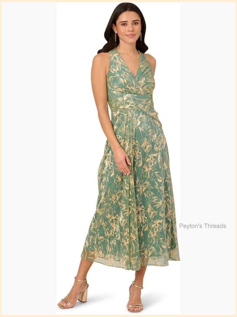 V Neck A-Line Midi Dress With Metallic Foil Print - Sleeveless